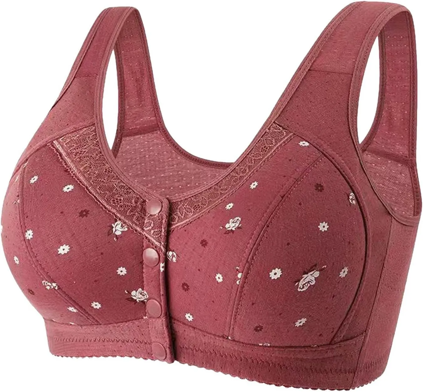 3Pcs Daisy Bras for Older Women No Underwire Front Side Buckle Lace Edge Bras Seamless Plus Size Breathable Bralettes