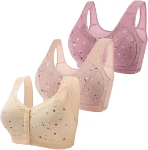 3Pcs Daisy Bras for Older Women No Underwire Front Side Buckle Lace Edge Bras Seamless Plus Size Breathable Bralettes
