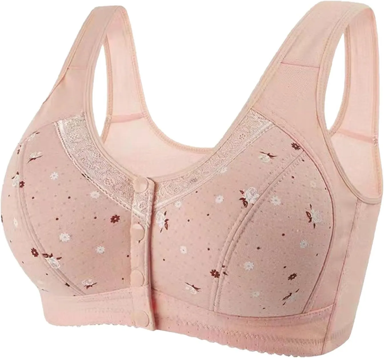 3Pcs Daisy Bras for Older Women No Underwire Front Side Buckle Lace Edge Bras Seamless Plus Size Breathable Bralettes