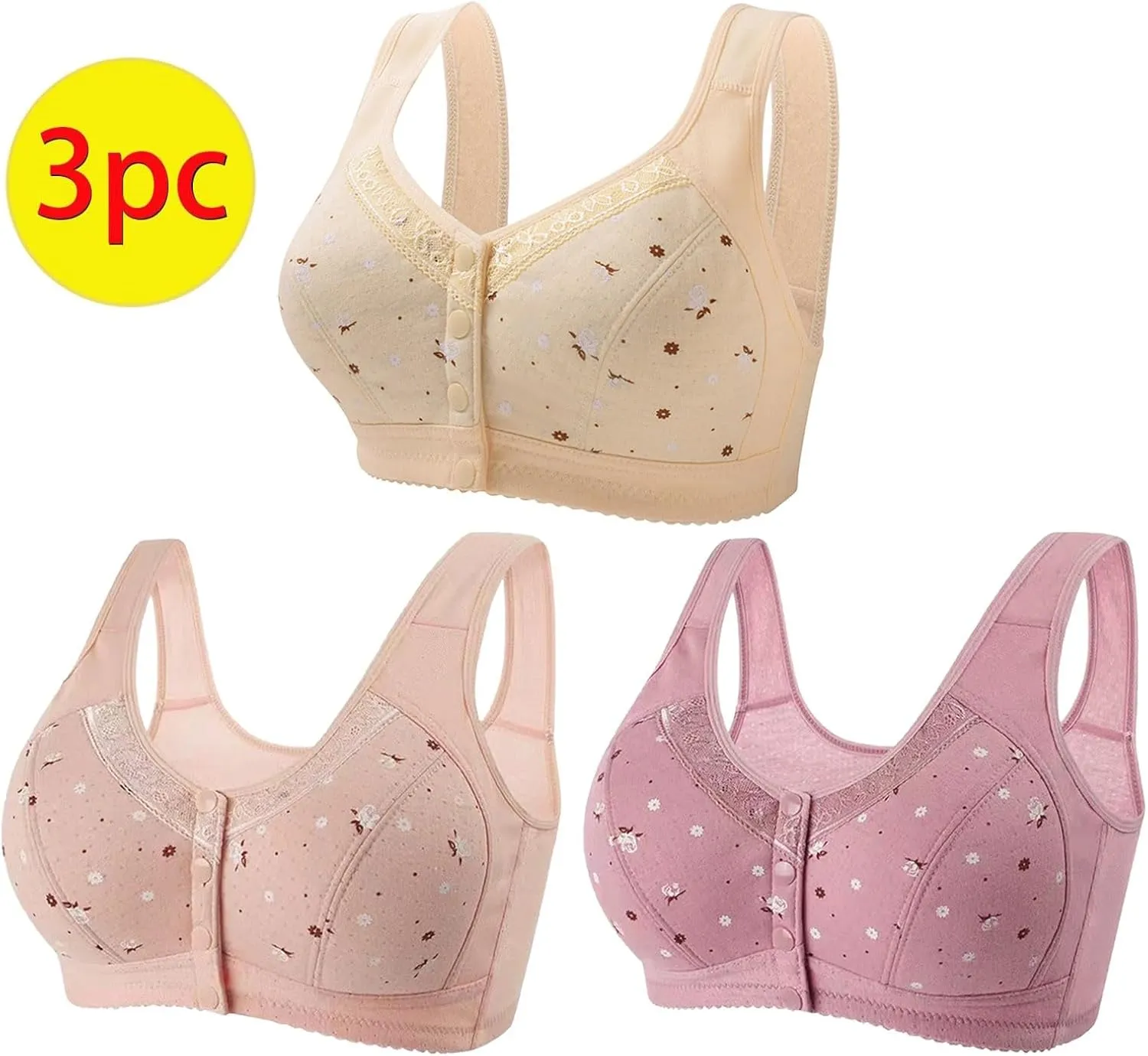 3Pcs Daisy Bras for Older Women No Underwire Front Side Buckle Lace Edge Bras Seamless Plus Size Breathable Bralettes