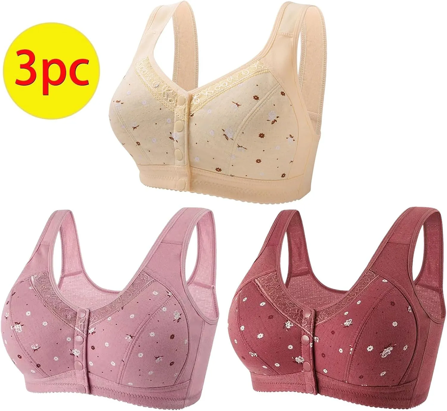3Pcs Daisy Bras for Older Women No Underwire Front Side Buckle Lace Edge Bras Seamless Plus Size Breathable Bralettes