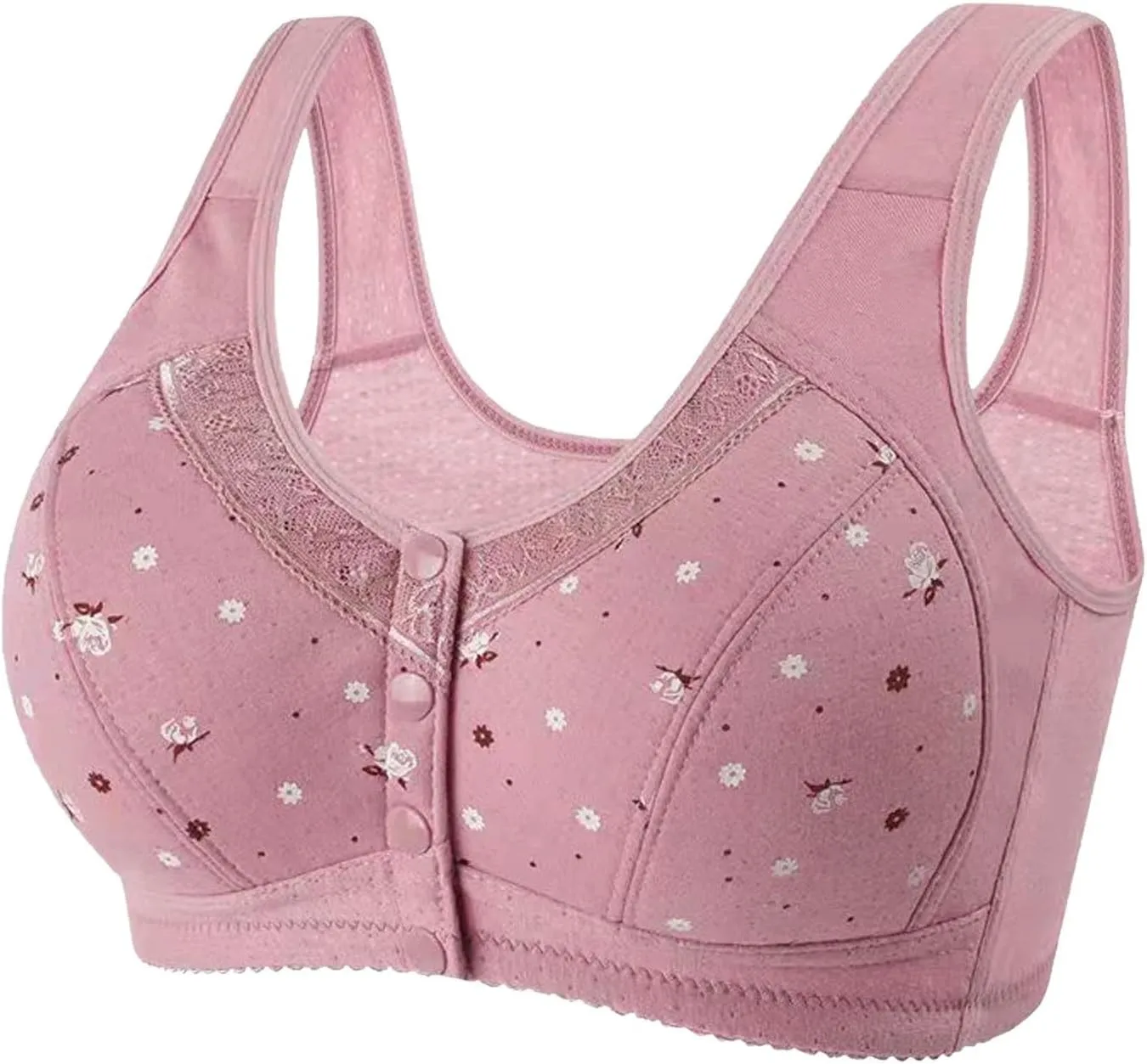 3Pcs Daisy Bras for Older Women No Underwire Front Side Buckle Lace Edge Bras Seamless Plus Size Breathable Bralettes