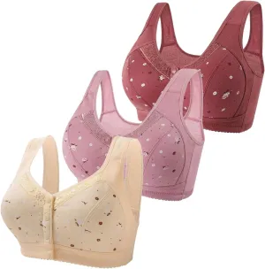 3Pcs Daisy Bras for Older Women No Underwire Front Side Buckle Lace Edge Bras Seamless Plus Size Breathable Bralettes