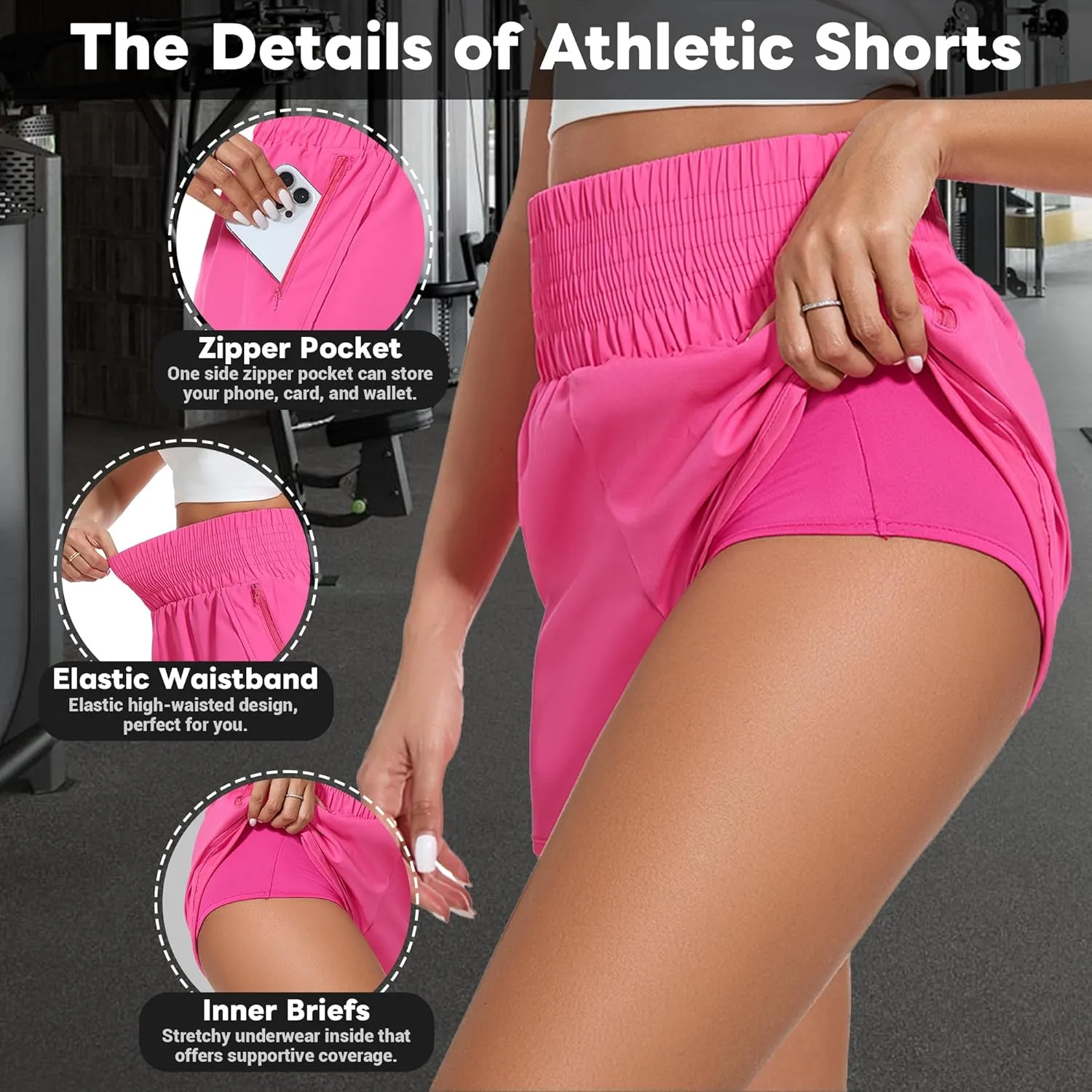Ammiko Women's Athletic Shorts High Waist Elastic Running Shorts Zipper Pocket Quick Dry Casual Workout Shorts Liner