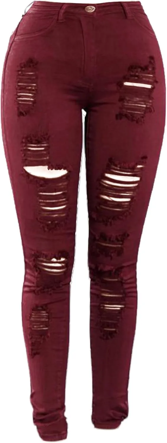 Andongnywell Ripped Hole Jeans Women High Waisted Slim Fit Stretch Denim Pants Skinny Jeans Jegging Distressed Trousers