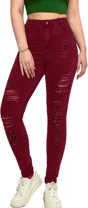 Andongnywell Ripped Hole Jeans Women High Waisted Slim Fit Stretch Denim Pants Skinny Jeans Jegging Distressed Trousers