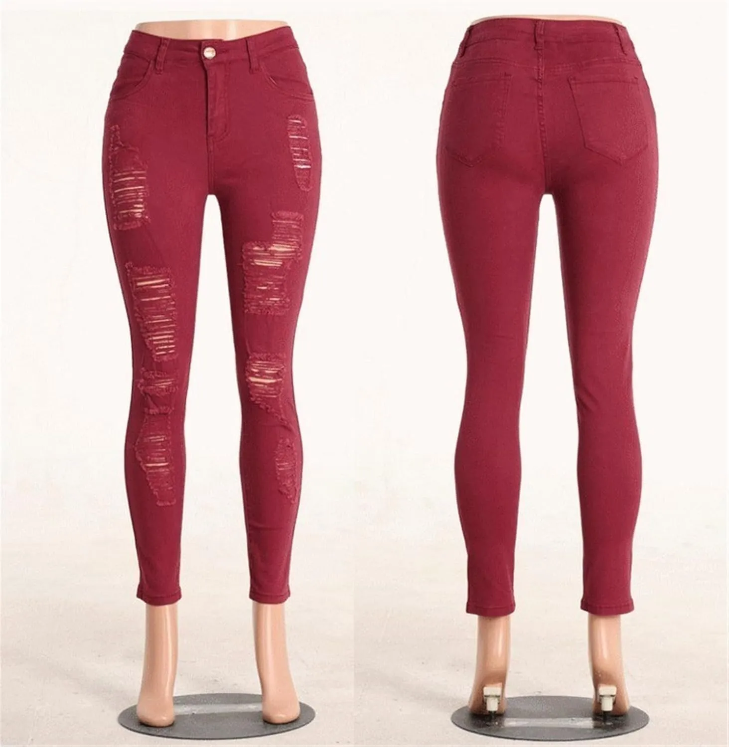 Andongnywell Ripped Hole Jeans Women High Waisted Slim Fit Stretch Denim Pants Skinny Jeans Jegging Distressed Trousers