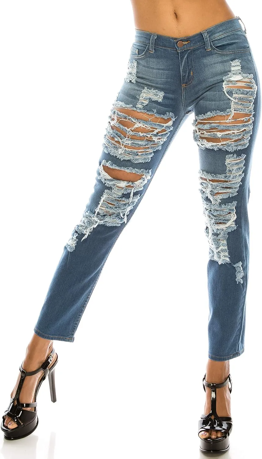 Aphrodite Boyfriend Jeans for Women - Relaxed fit Hand Sanding Stretch Fashion Distressed Ripped Denim Pants