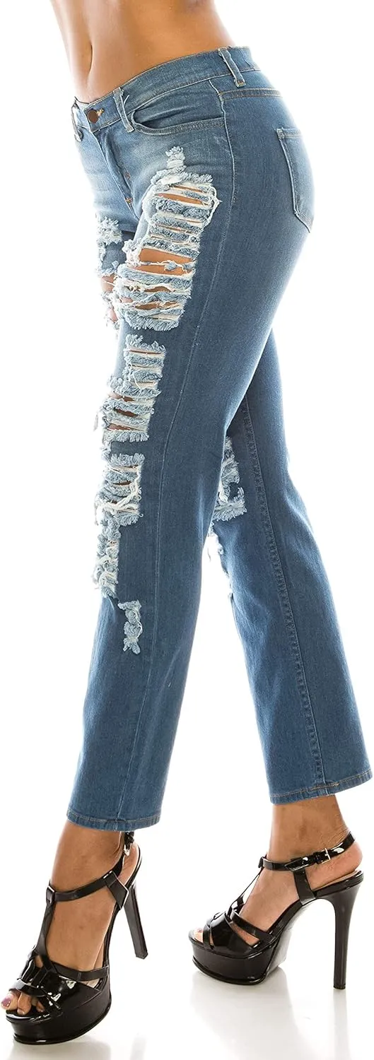 Aphrodite Boyfriend Jeans for Women - Relaxed fit Hand Sanding Stretch Fashion Distressed Ripped Denim Pants
