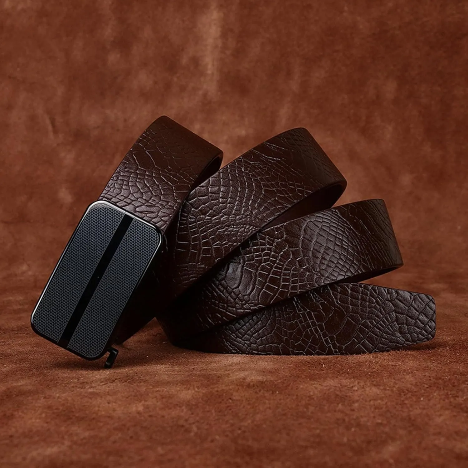 Automatic Buckle Dress Ratchet Belts for Men, Adjustable Genuine Leather Belt with Crocodile Pattern,Brown c,105CM/41.3''