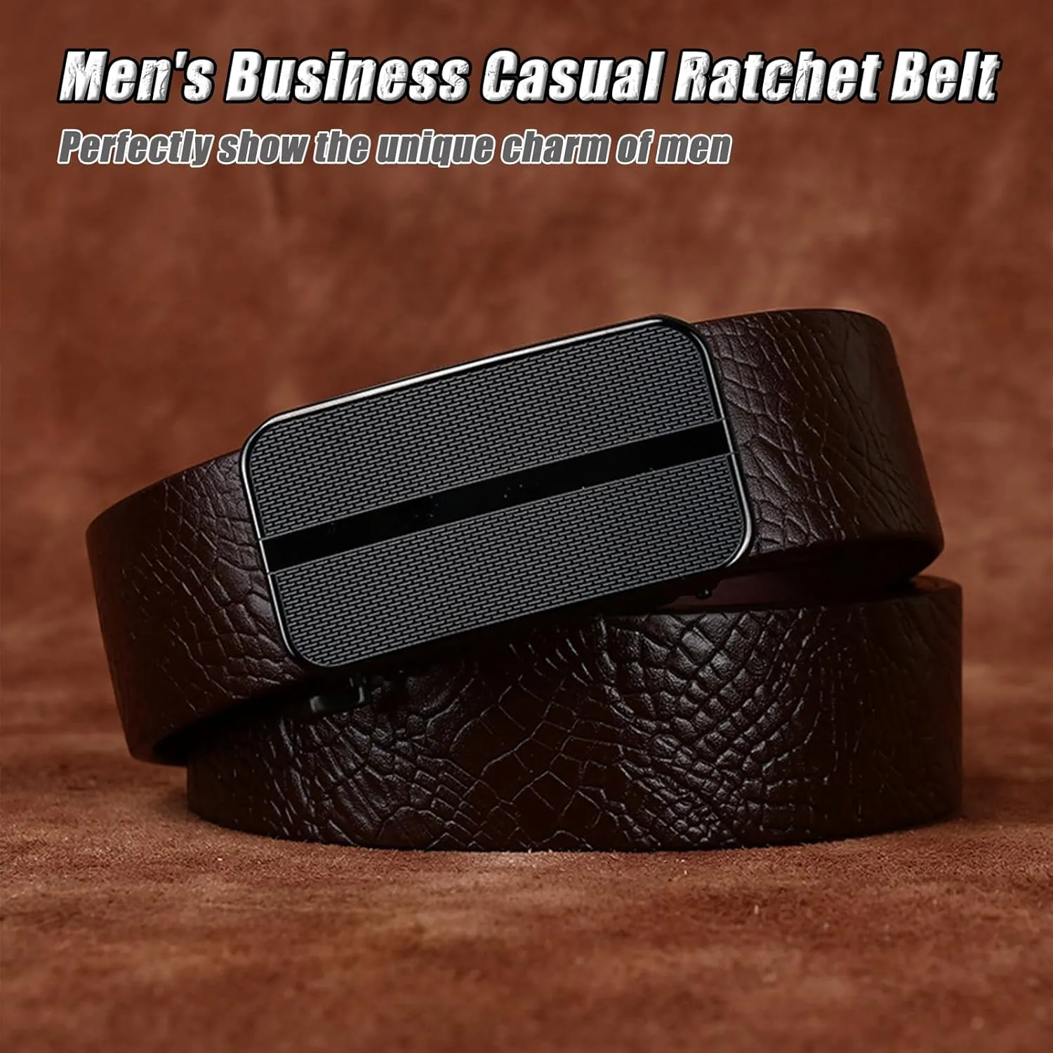 Automatic Buckle Dress Ratchet Belts for Men, Adjustable Genuine Leather Belt with Crocodile Pattern,Brown c,105CM/41.3''