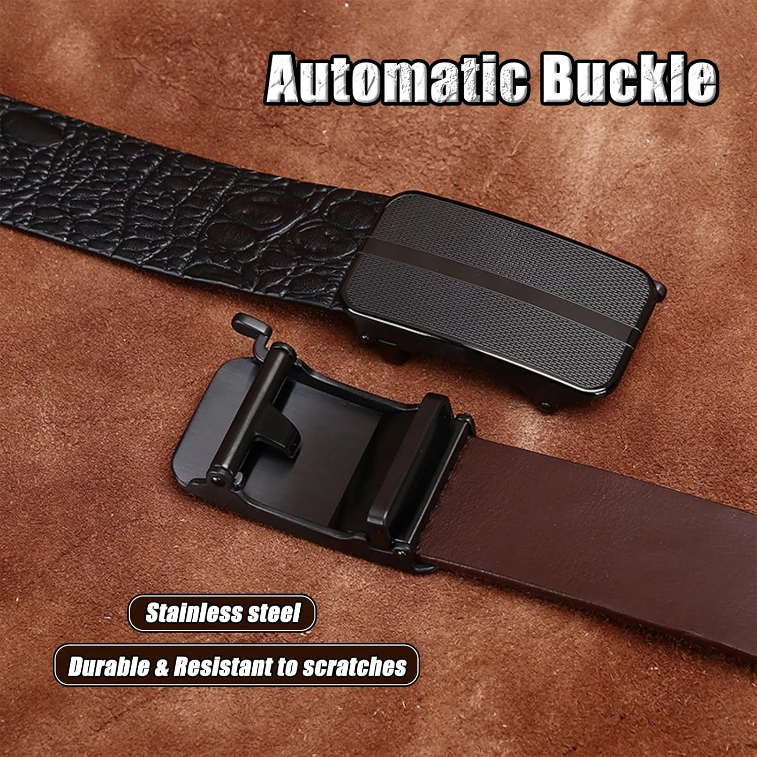 Automatic Buckle Dress Ratchet Belts for Men, Adjustable Genuine Leather Belt with Crocodile Pattern,Brown c,105CM/41.3''