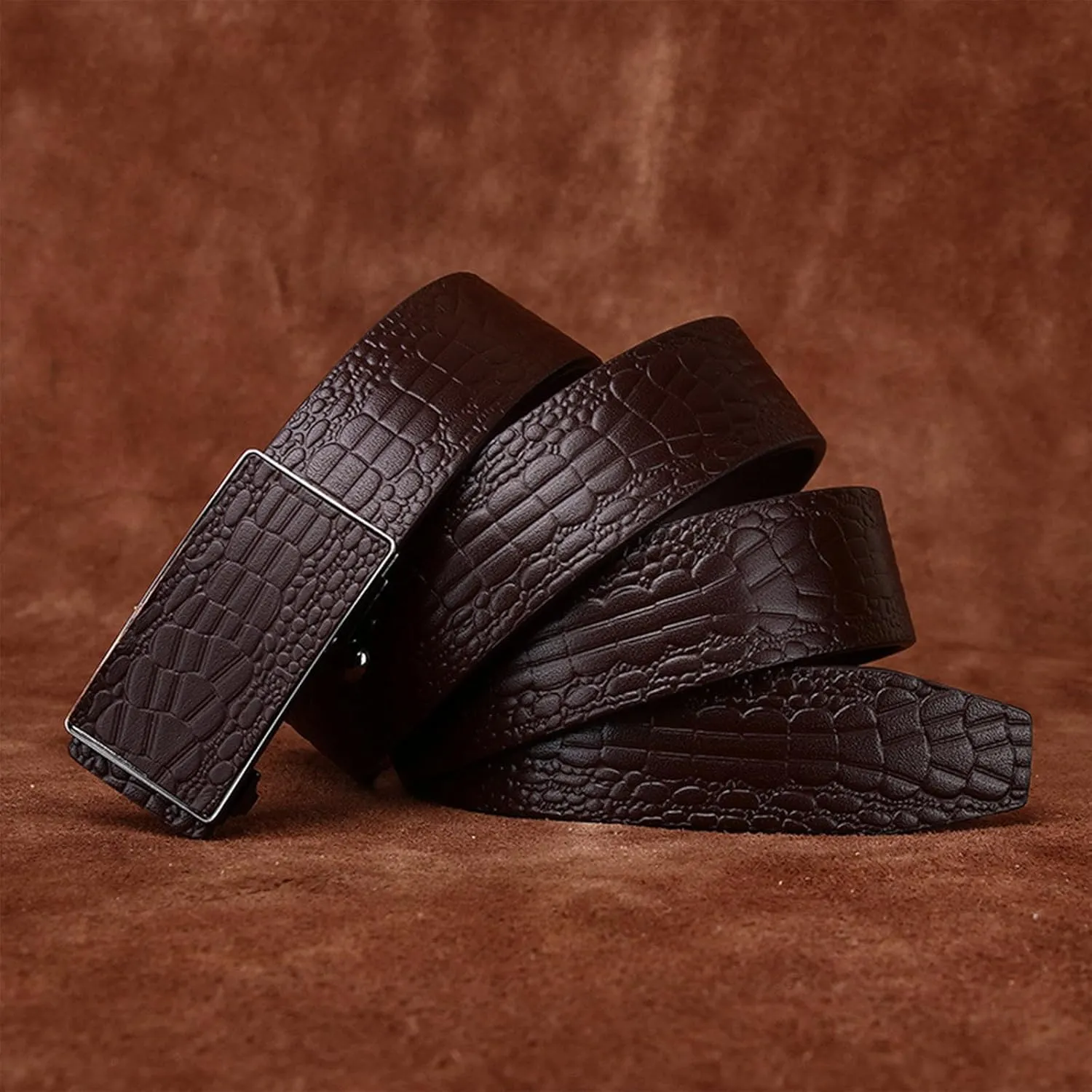 Automatic Buckle Mens Belt with Crocodile Pattern, Dress Ratchet Belts for Men, Trim to Fit-35MM Wide,A Brown,120CM/47.3''