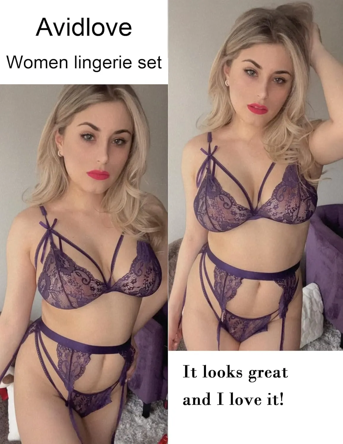 Avidlove Women Lingerie Set Lace Teddy Strap Babydoll Bodysuit with Garter Belts