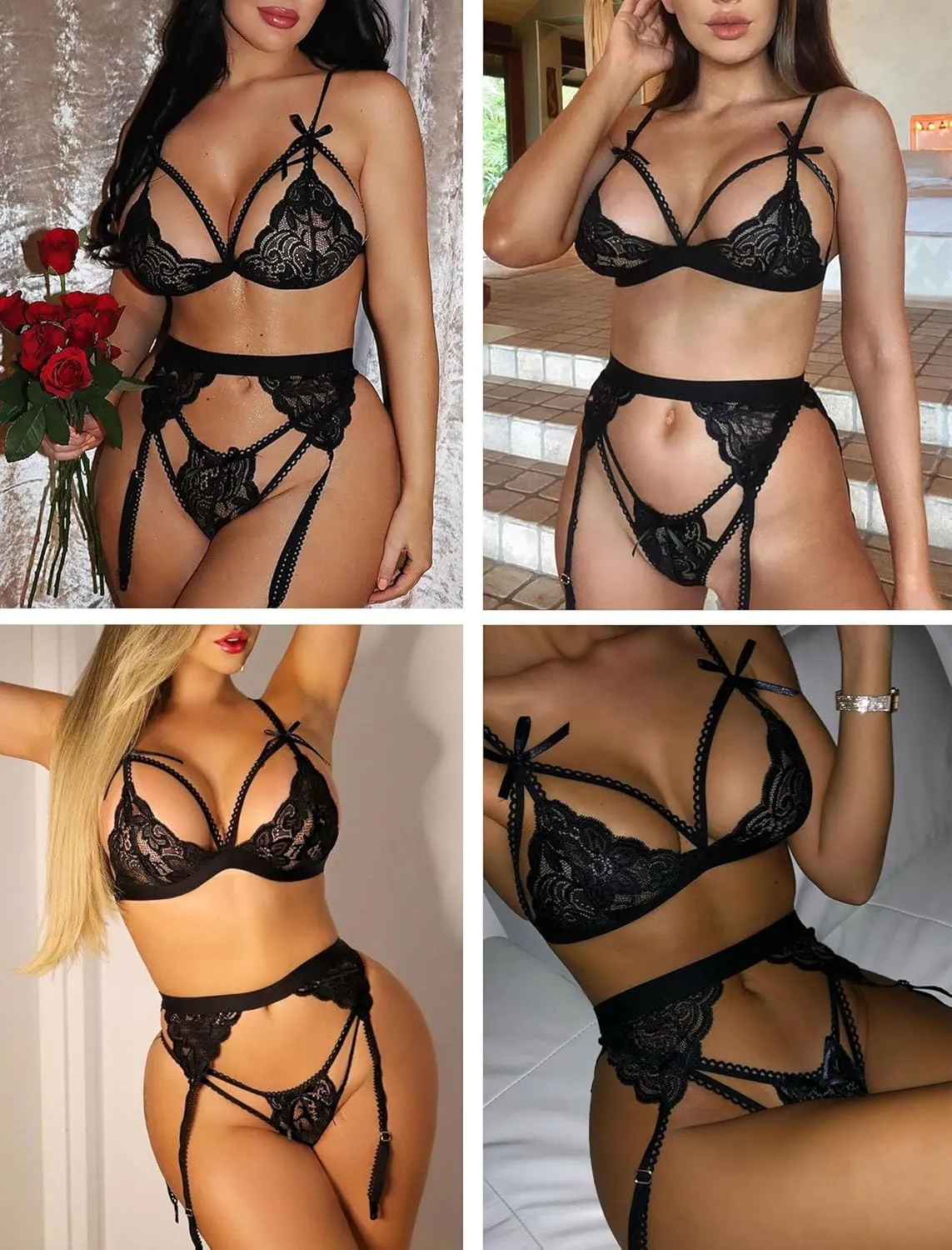 Avidlove Women Lingerie Set Lace Teddy Strap Babydoll Bodysuit with Garter Belts
