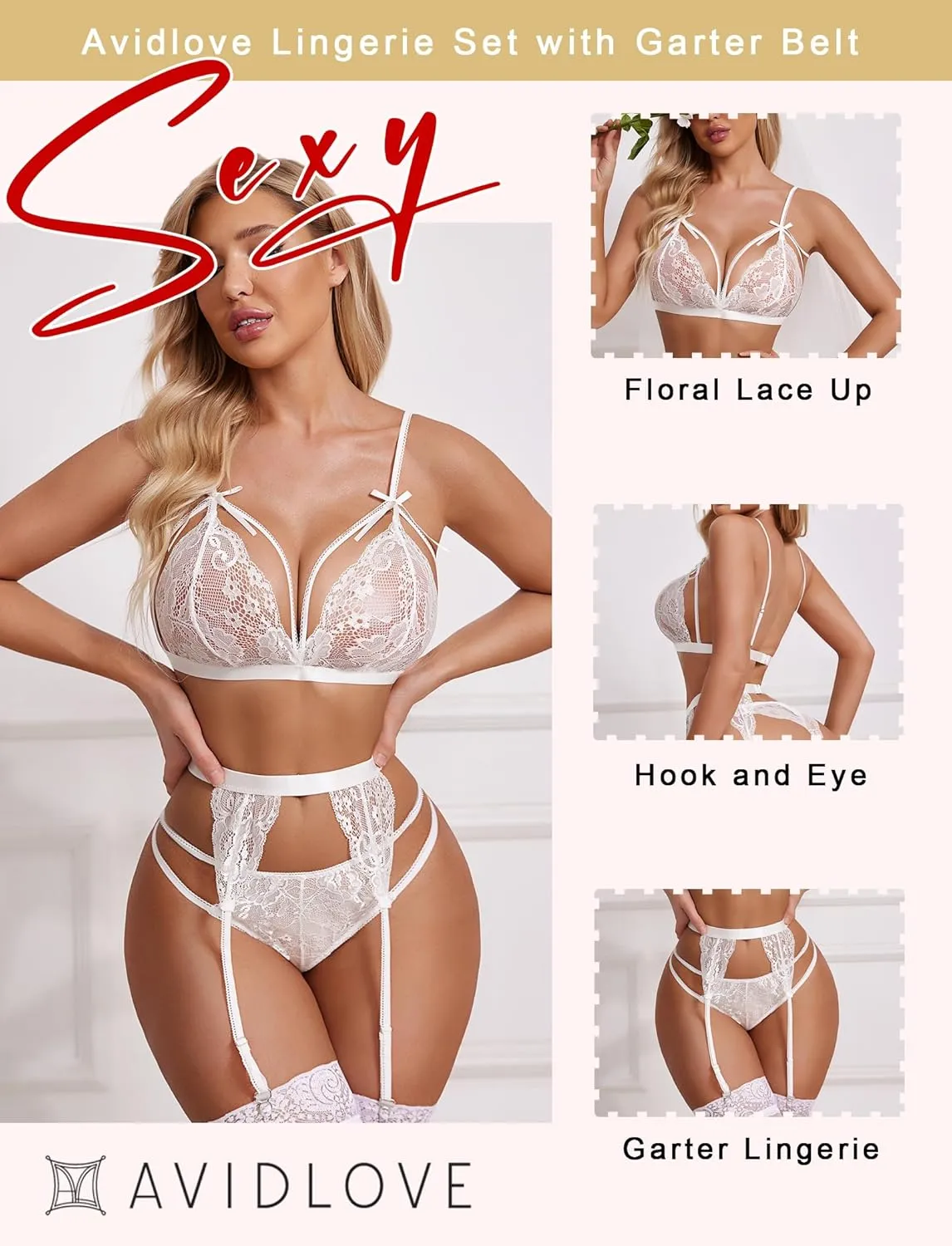 Avidlove Women Lingerie Set Lace Teddy Strap Babydoll Bodysuit with Garter Belts