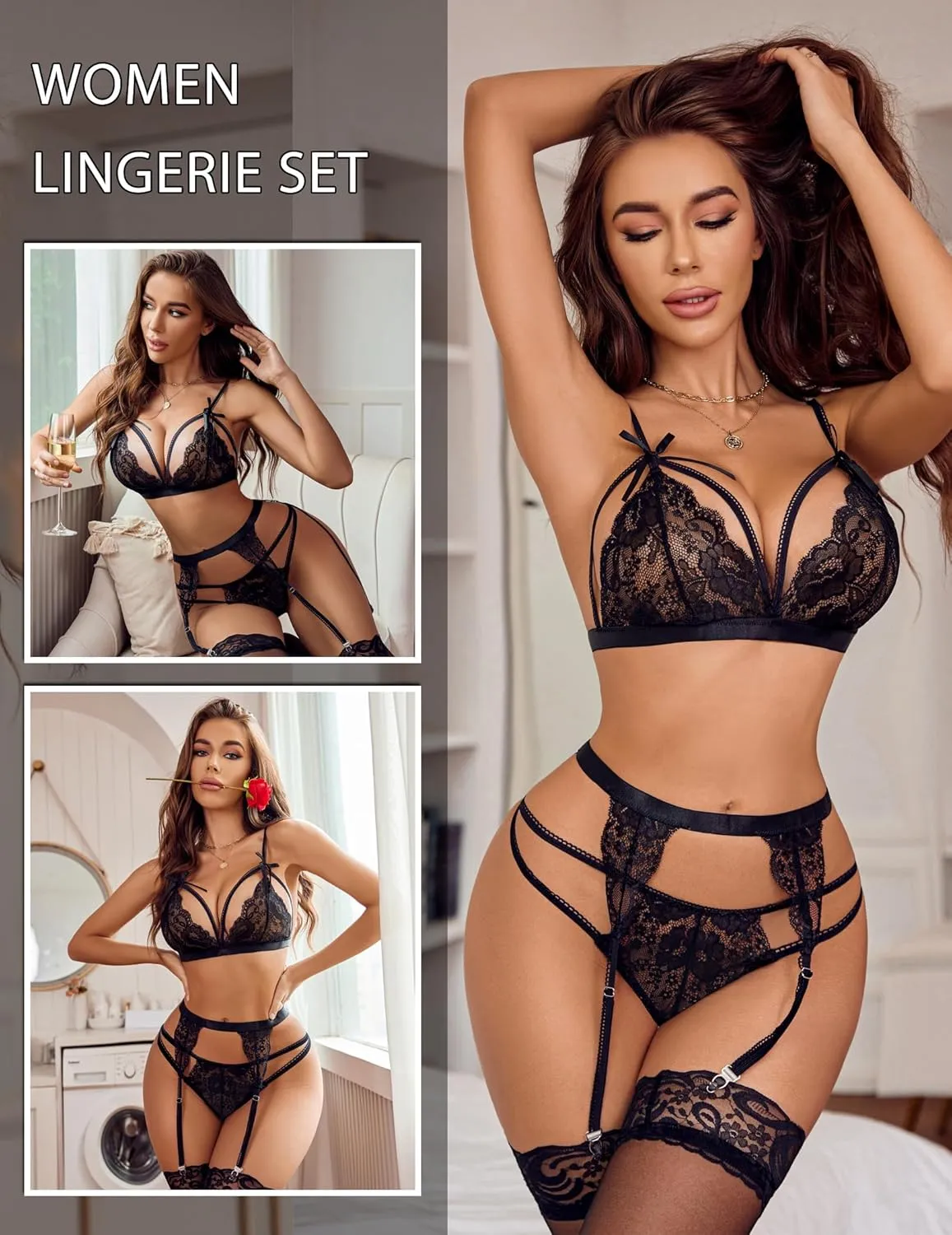Avidlove Women Lingerie Set Lace Teddy Strap Babydoll Bodysuit with Garter Belts