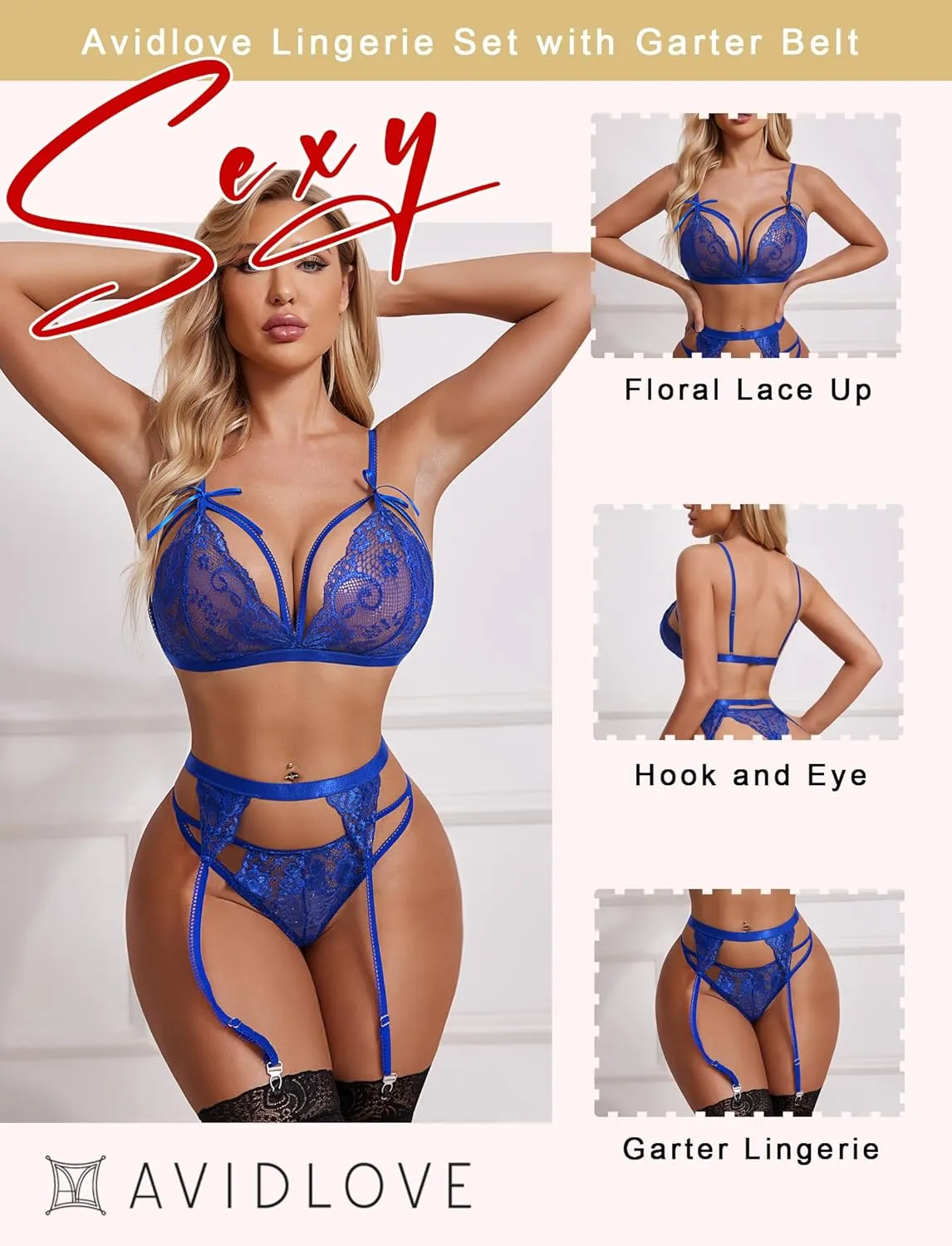 Avidlove Women Lingerie Set Lace Teddy Strap Babydoll Bodysuit with Garter Belts