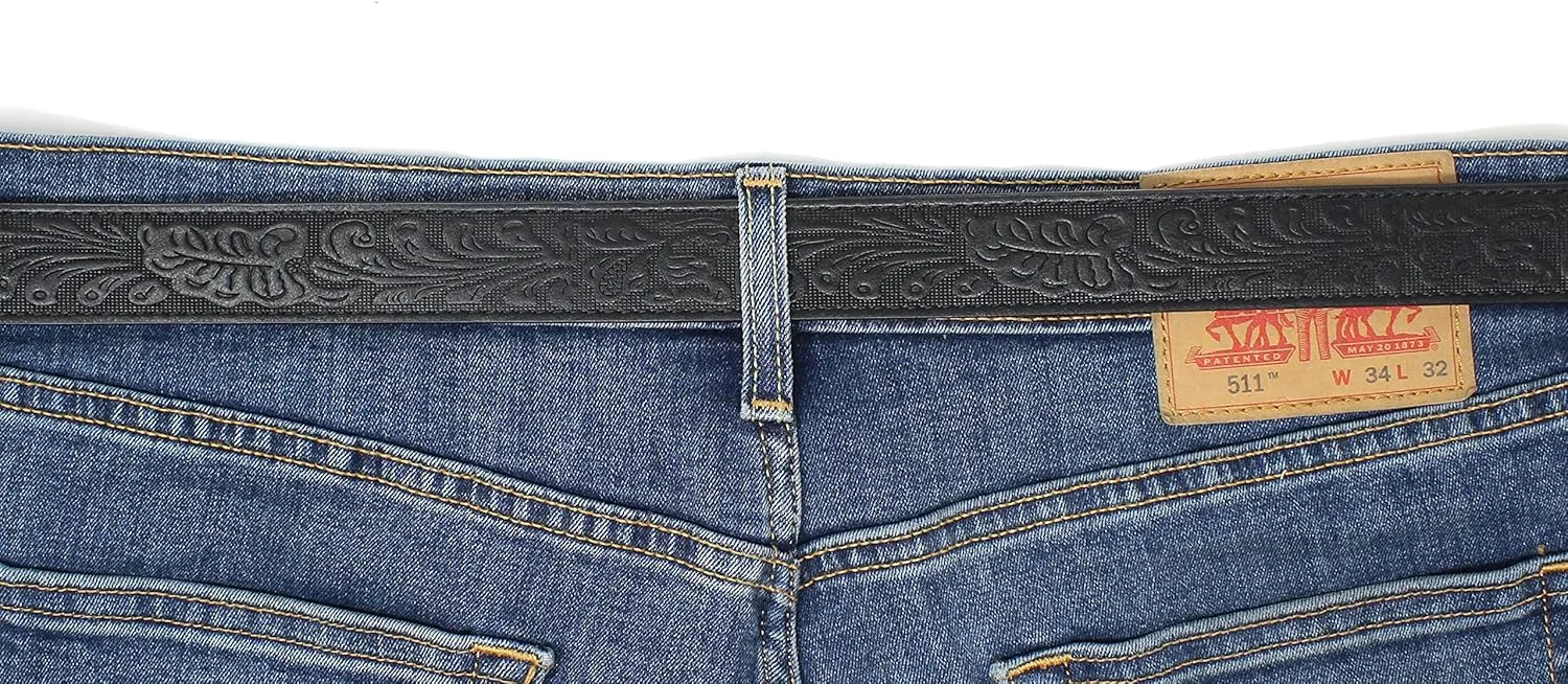 BC Belts Womens Leather Belt Strap with Embossed Western Scrollwork 1.25" Wide with Snaps