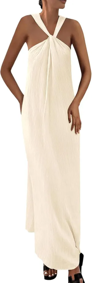 Beach Dress for Women Criss Cross Sleeveless Strappy Dress Casual Summe Flowy Maxi Dresses Loose Halterneck Dresses