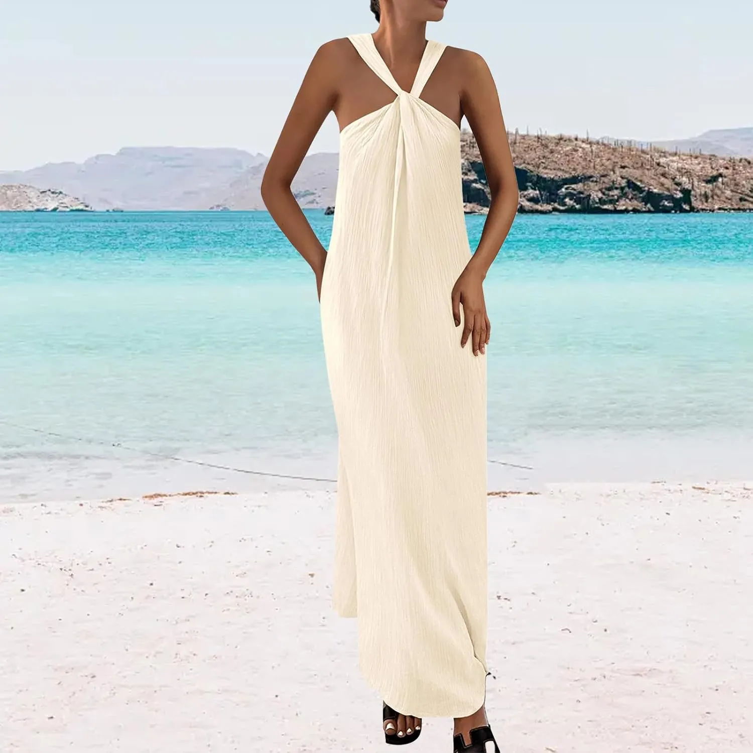 Beach Dress for Women Criss Cross Sleeveless Strappy Dress Casual Summe Flowy Maxi Dresses Loose Halterneck Dresses