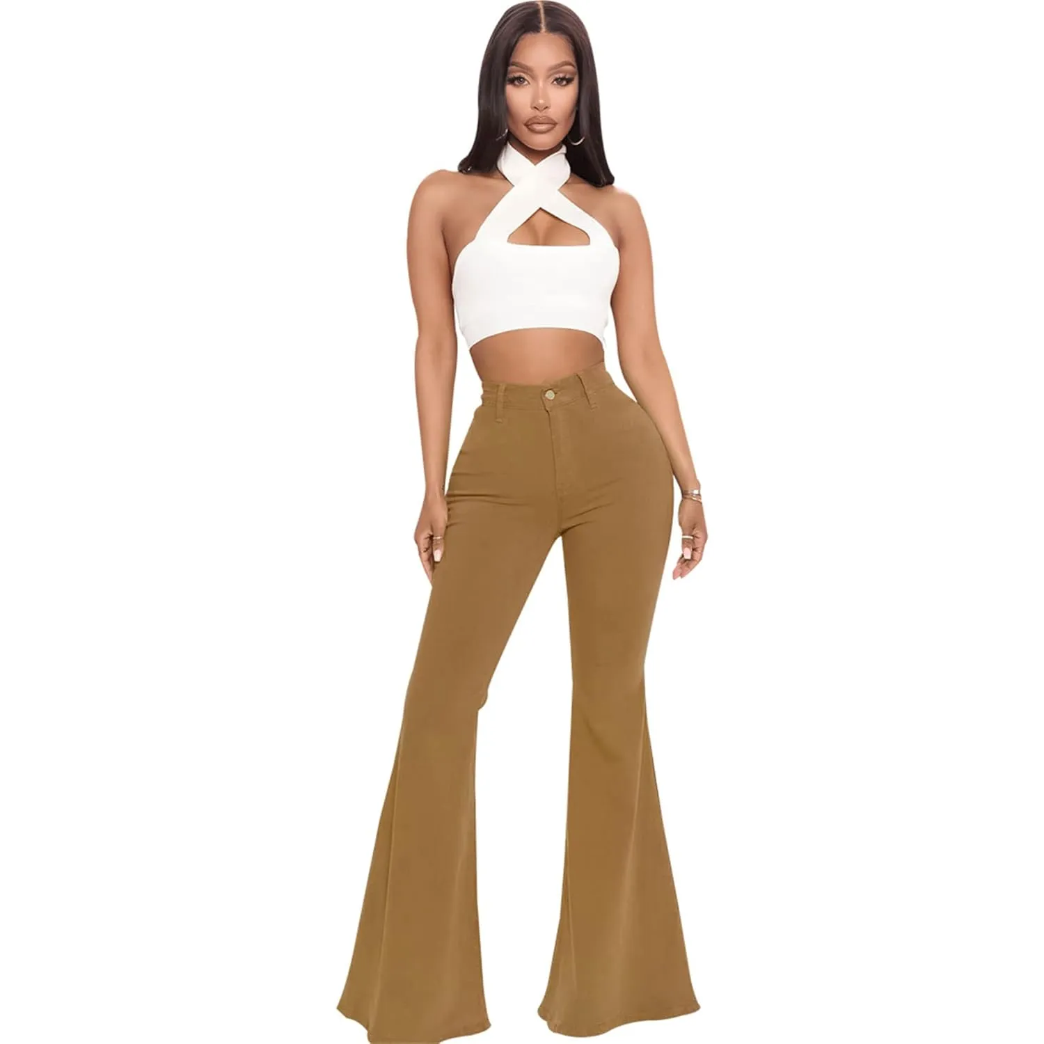 Bell Bottom Jeans for Women High Waisted Raw Hem Flared Jeans Stretch Slimming Wide Leg Flared Denim Pants (Medium,Brown)