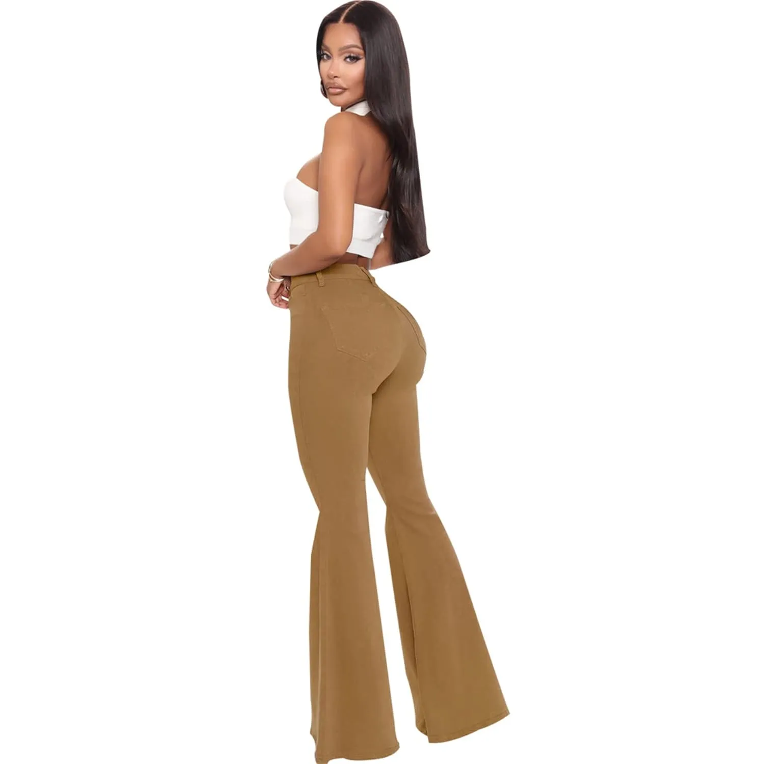 Bell Bottom Jeans for Women High Waisted Raw Hem Flared Jeans Stretch Slimming Wide Leg Flared Denim Pants (Medium,Brown)