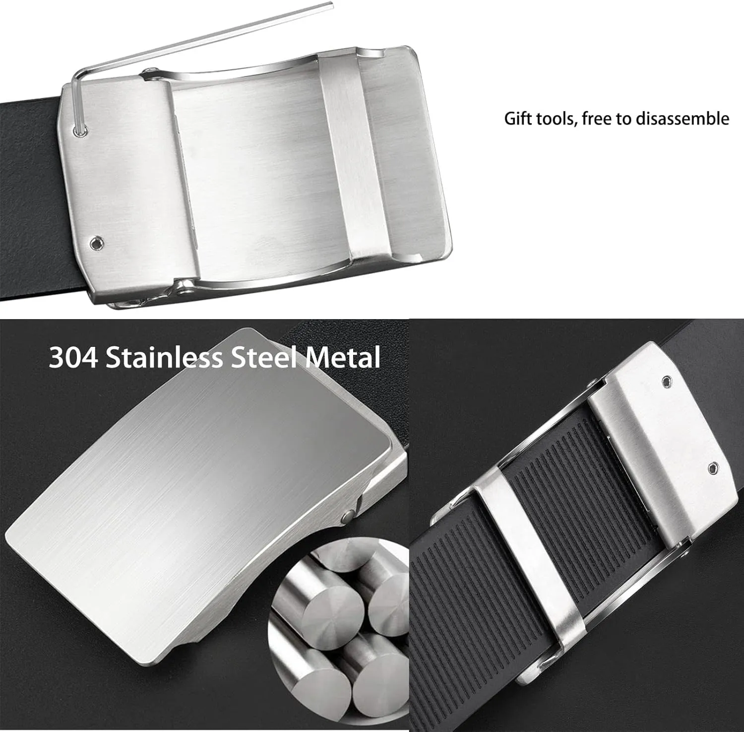 Belts for Men,Men's Real Leather Ratchet Dress Casual Belt, Stainless Steel Buckle, Elegant Gift Box,Black,110CM/43.3''
