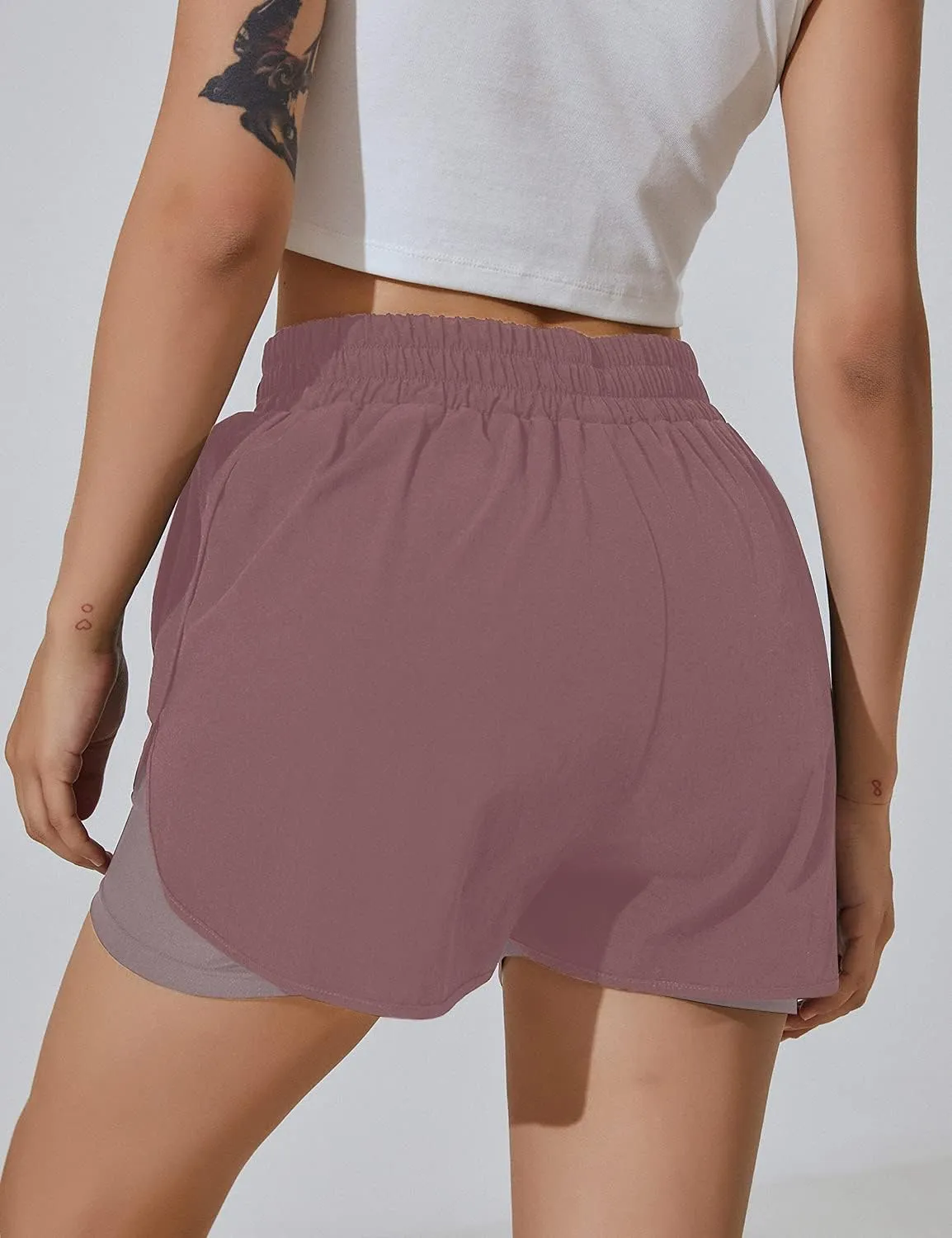 BMJL Women's Running Workout Shorts Elastic High Waist Pocket Short