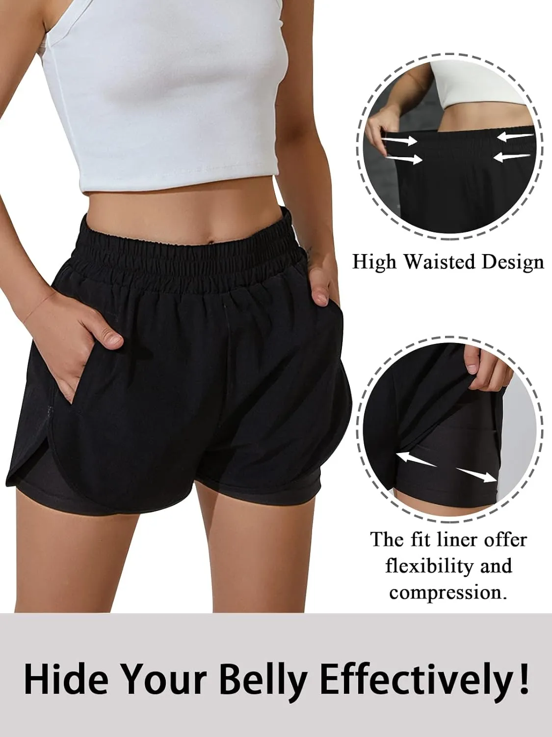 BMJL Women's Running Workout Shorts Elastic High Waist Pocket Short