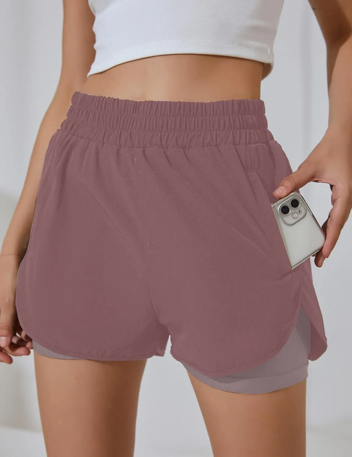 BMJL Women's Running Workout Shorts Elastic High Waist Pocket Short