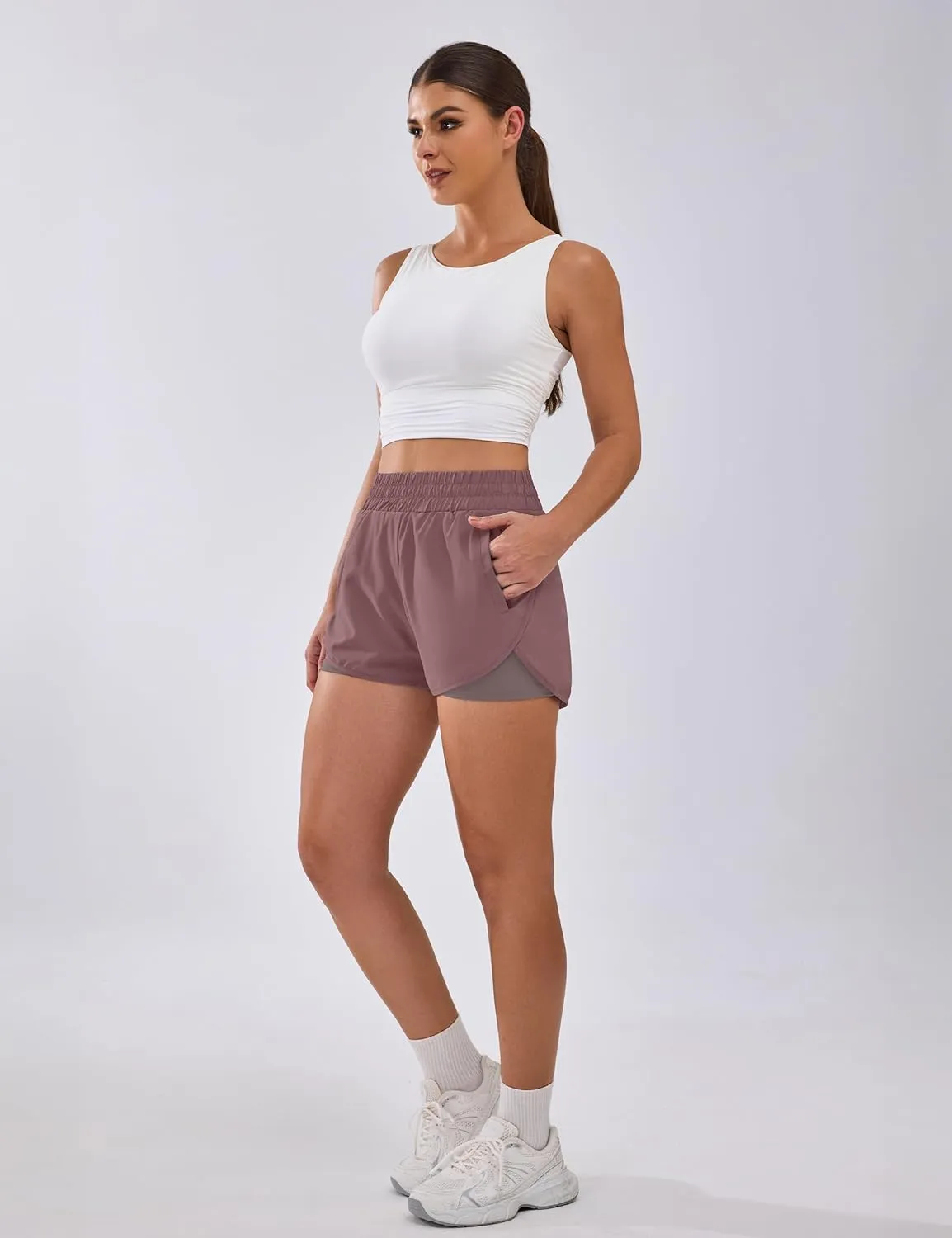 BMJL Women's Running Workout Shorts Elastic High Waist Pocket Short
