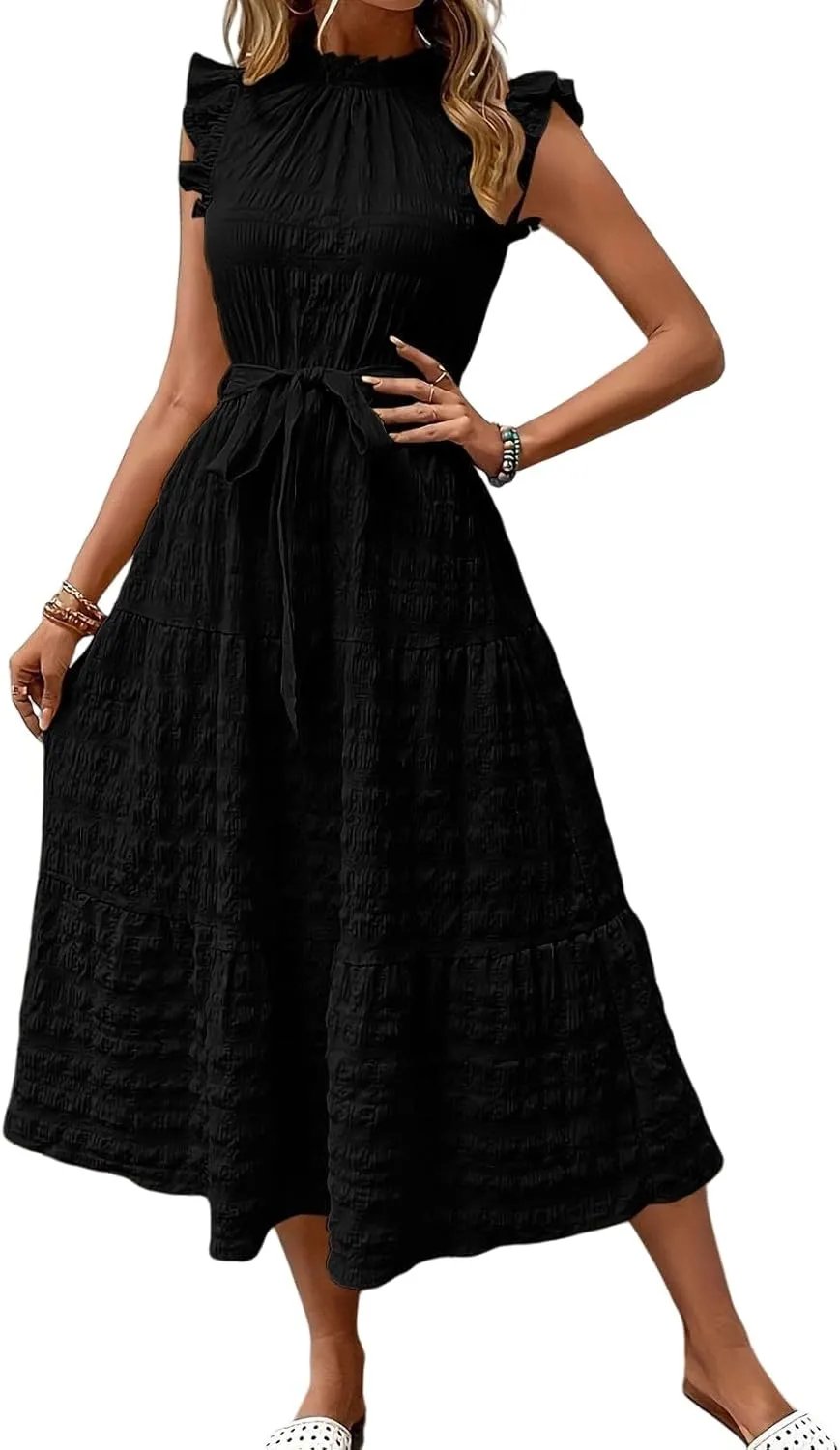 Casual Dresses for Women Ruffle Crewneck Belt Dress Puff Short Sleeve Maxi Dresses Smocked Flowy Ruffle Boho Dress