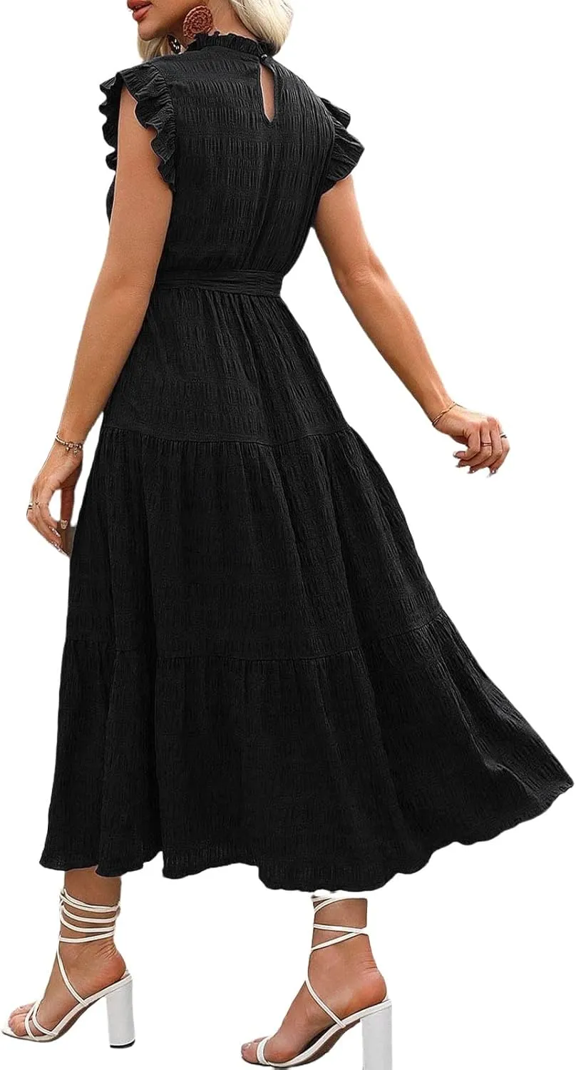 Casual Dresses for Women Ruffle Crewneck Belt Dress Puff Short Sleeve Maxi Dresses Smocked Flowy Ruffle Boho Dress