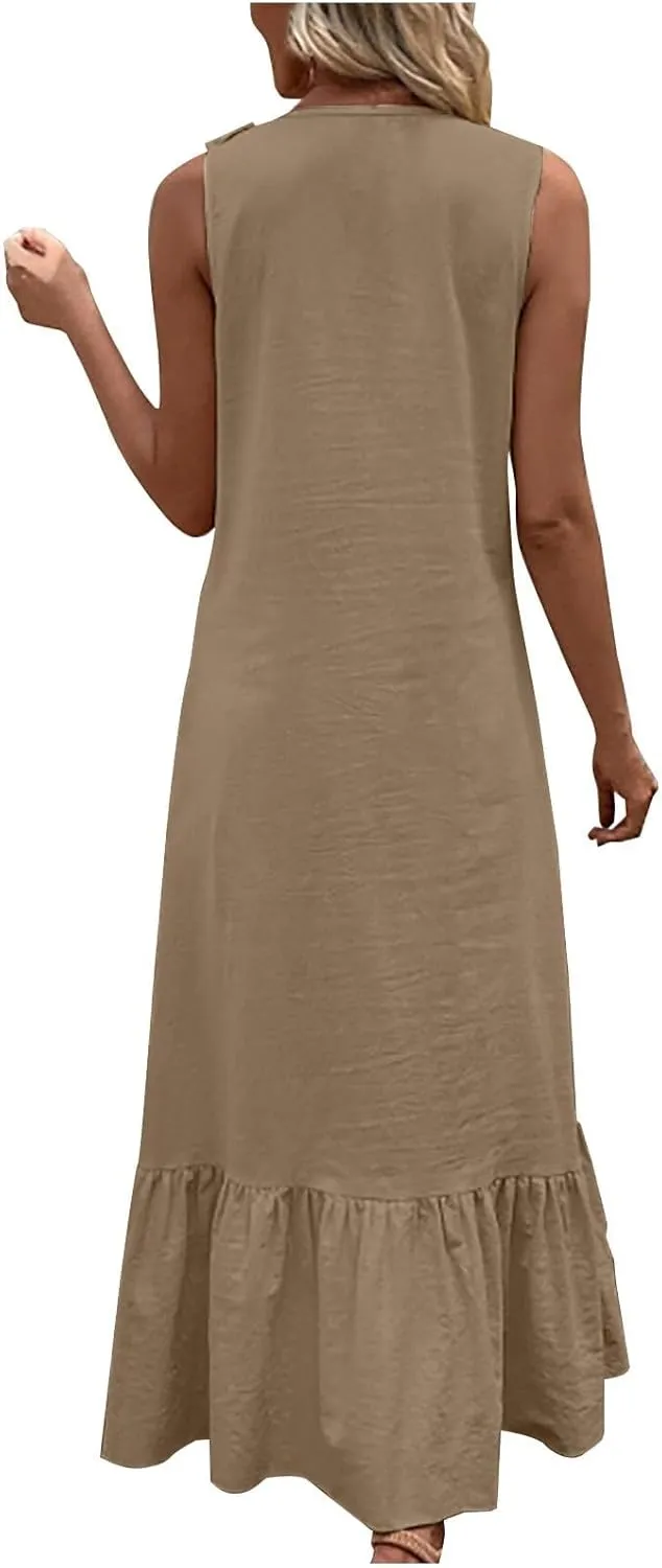 Casual Summer Dresses for Women 2025,Womens Tiered Ruffle Summer Maxi Dress Cotton Linen Going Out Tank Beach Dress