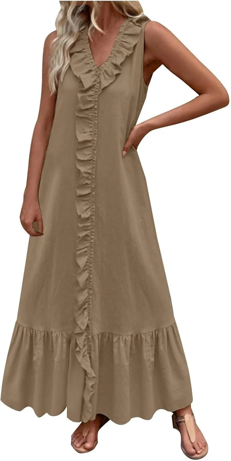 Casual Summer Dresses for Women 2025,Womens Tiered Ruffle Summer Maxi Dress Cotton Linen Going Out Tank Beach Dress