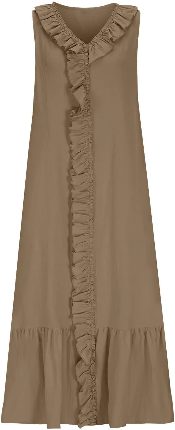 Casual Summer Dresses for Women 2025,Womens Tiered Ruffle Summer Maxi Dress Cotton Linen Going Out Tank Beach Dress
