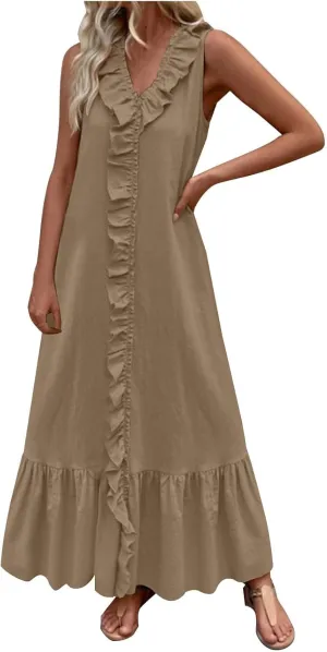 Casual Summer Dresses for Women 2025,Womens Tiered Ruffle Summer Maxi Dress Cotton Linen Going Out Tank Beach Dress