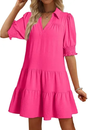 Casual Summer Dresses for Women Lapel Collared V Neck Midi Dress Puff Short Sleeve Ruffle Tiered Dress Sundresses