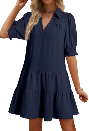 Casual Summer Dresses for Women Lapel Collared V Neck Midi Dress Puff Short Sleeve Ruffle Tiered Dress Sundresses