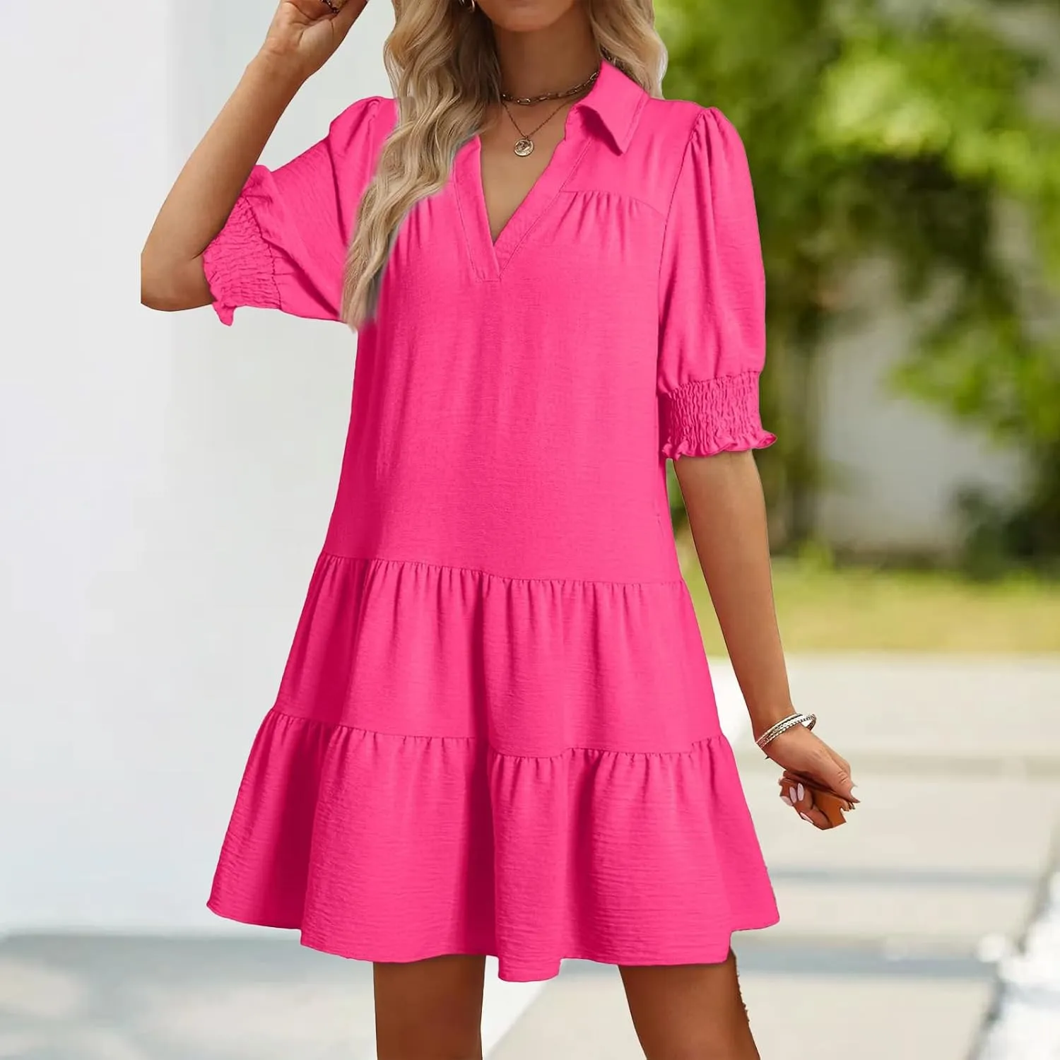 Casual Summer Dresses for Women Lapel Collared V Neck Midi Dress Puff Short Sleeve Ruffle Tiered Dress Sundresses