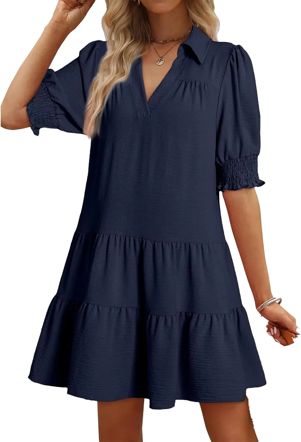 Casual Summer Dresses for Women Lapel Collared V Neck Midi Dress Puff Short Sleeve Ruffle Tiered Dress Sundresses