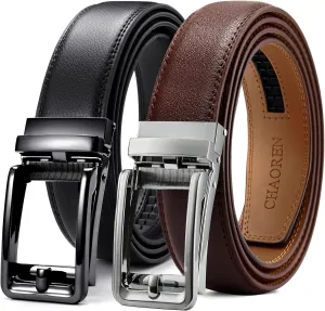 CHAOREN Click Belts for Men 2 Pack - Mens Ratchet Leather Belt 1 3/8" for Dress and Casual - Micro Adjustable Belt Fit