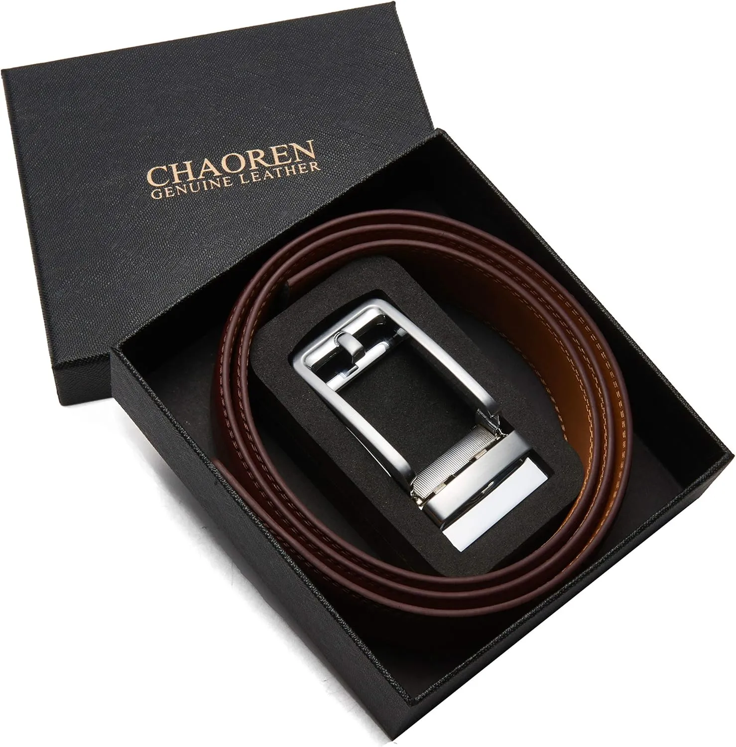 CHAOREN Click Belts for Men 2 Pack - Mens Ratchet Leather Belt 1 3/8" for Dress and Casual - Micro Adjustable Belt Fit
