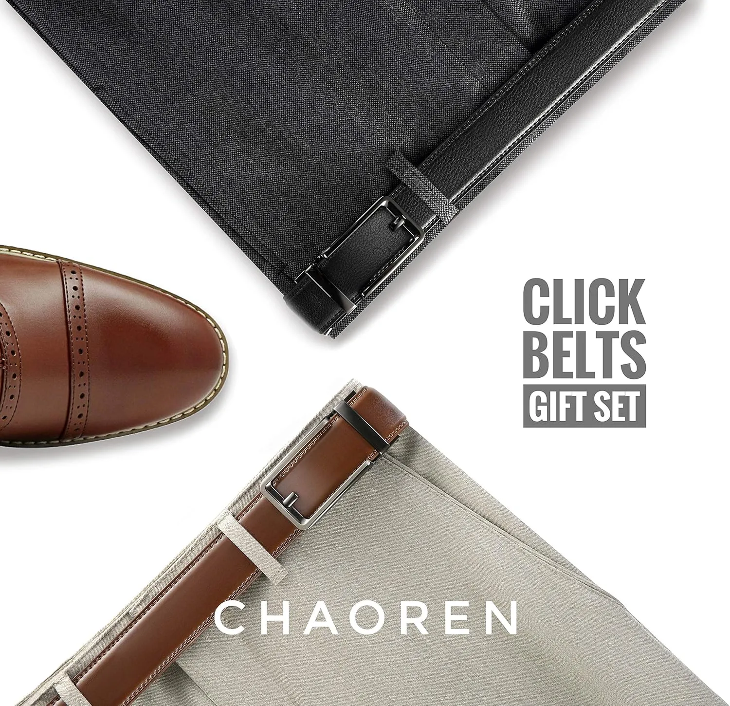 CHAOREN Click Belts for Men 2 Pack - Mens Ratchet Leather Belt 1 3/8" for Dress and Casual - Micro Adjustable Belt Fit