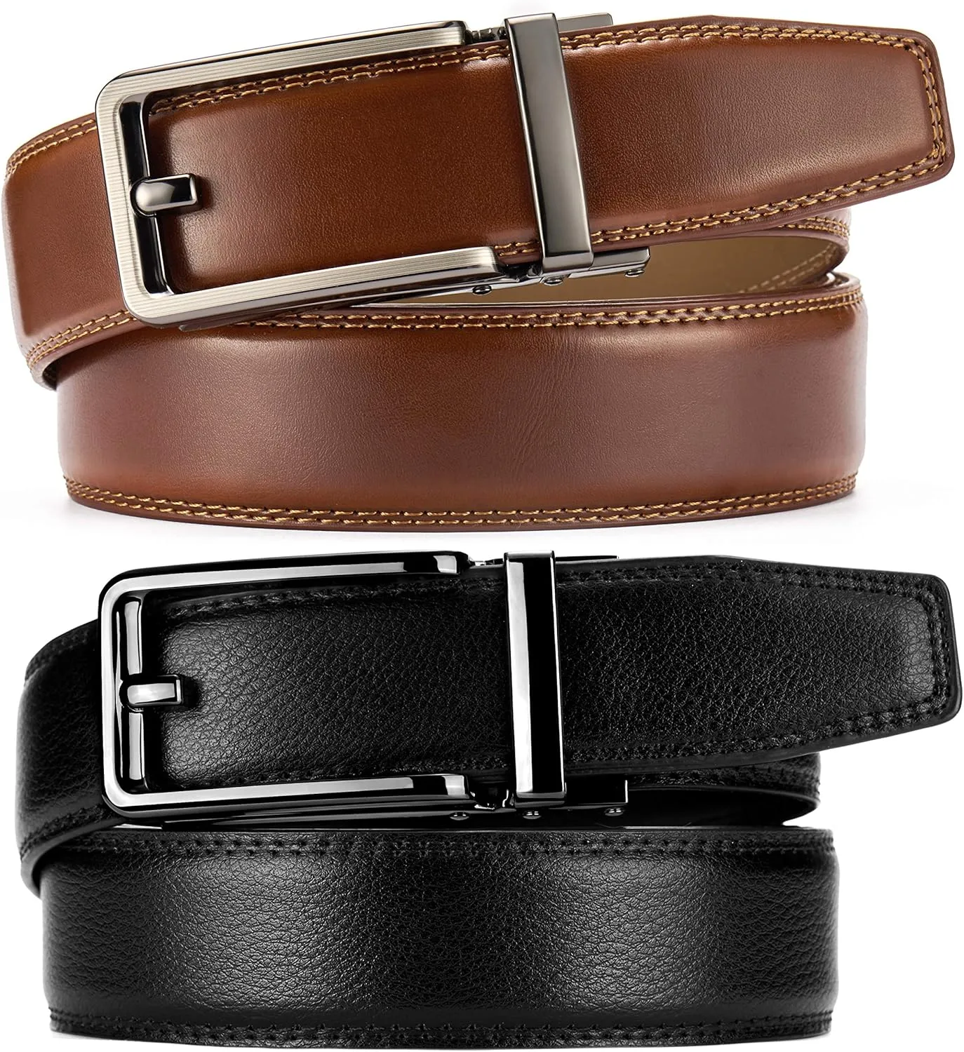 CHAOREN Click Belts for Men 2 Pack - Mens Ratchet Leather Belt 1 3/8" for Dress and Casual - Micro Adjustable Belt Fit
