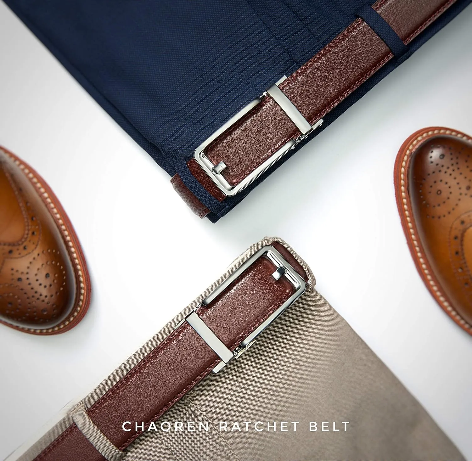 CHAOREN Click Belts for Men 2 Pack - Mens Ratchet Leather Belt 1 3/8" for Dress and Casual - Micro Adjustable Belt Fit