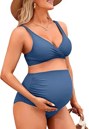 Charmo High Waisted Maternity Swimsuit Bikini Set V Neck Pregnancy Bathing Suits Push Up Two Piece Swimwear