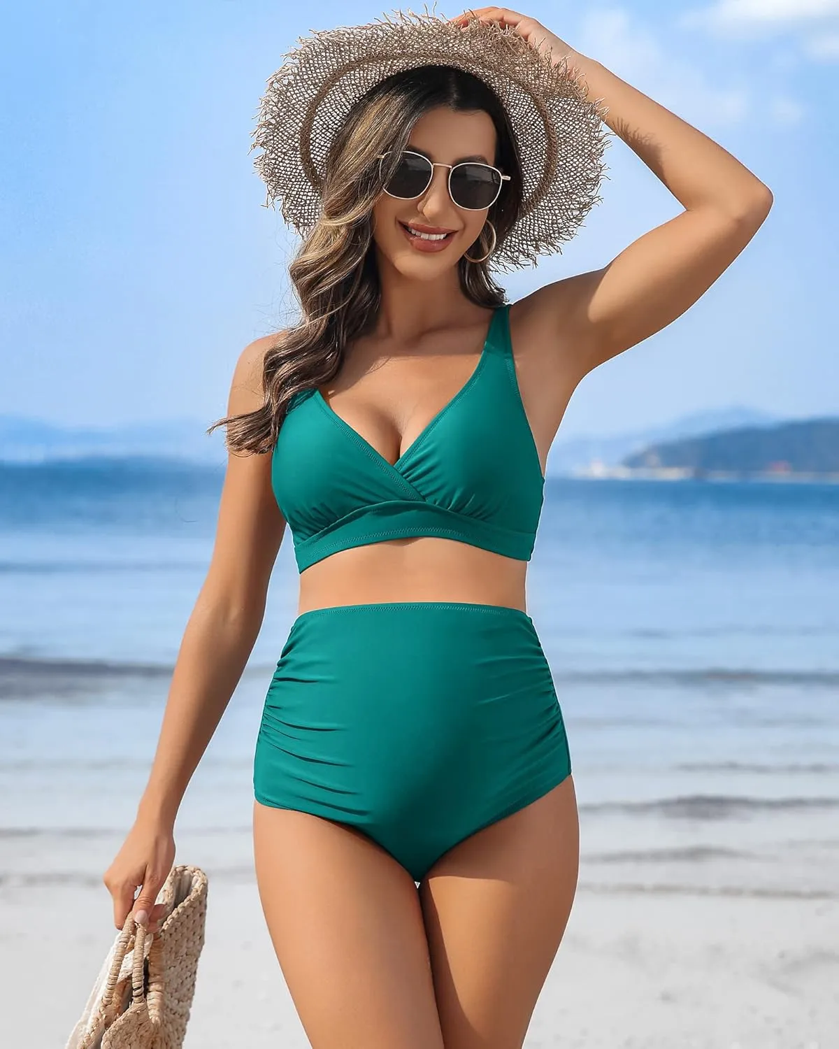 Charmo High Waisted Maternity Swimsuit Bikini Set V Neck Pregnancy Bathing Suits Push Up Two Piece Swimwear