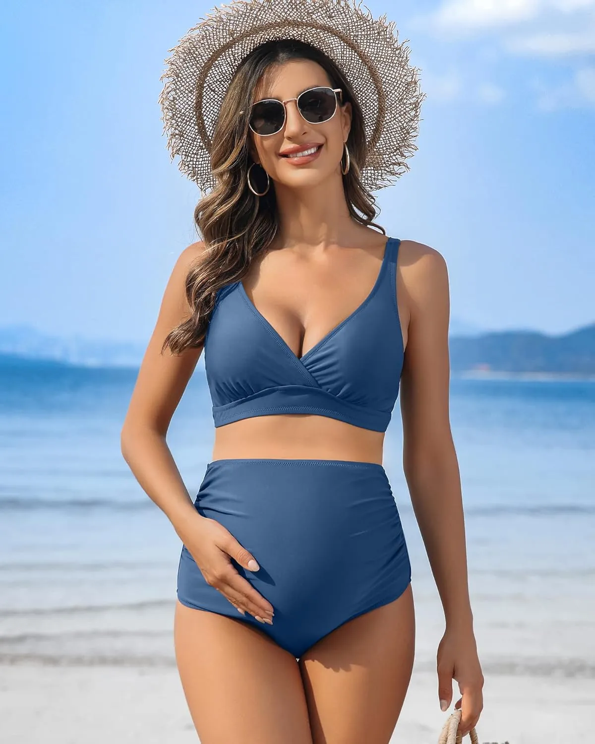 Charmo High Waisted Maternity Swimsuit Bikini Set V Neck Pregnancy Bathing Suits Push Up Two Piece Swimwear